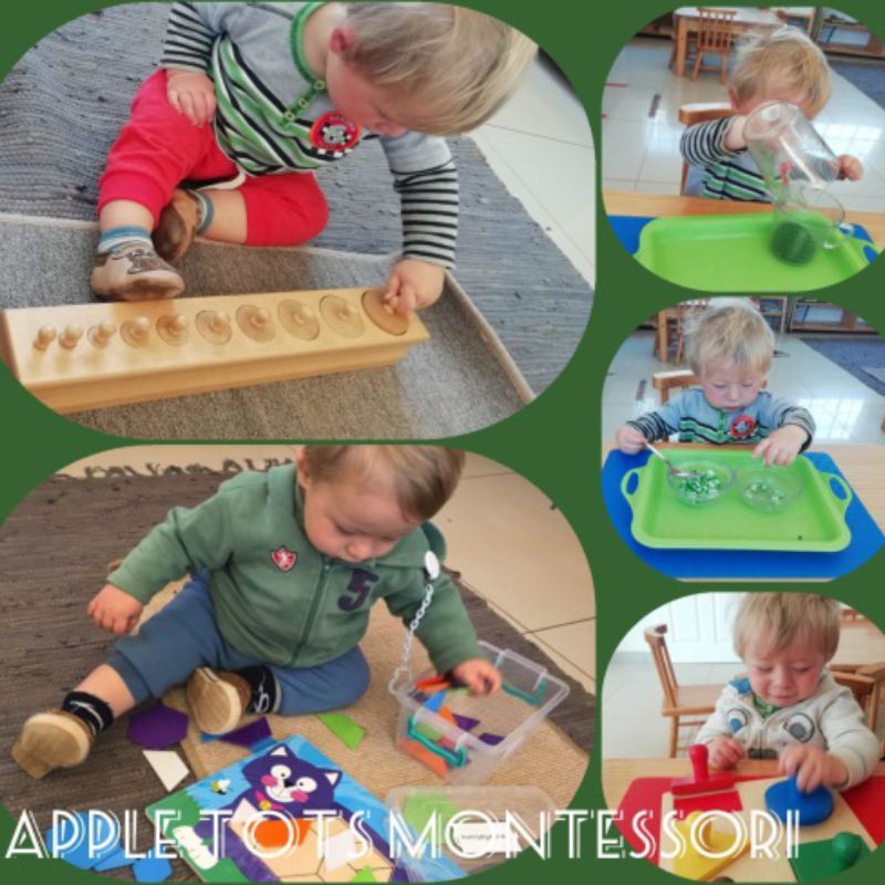 Toddlers working with wooden cylinders and pouring activities