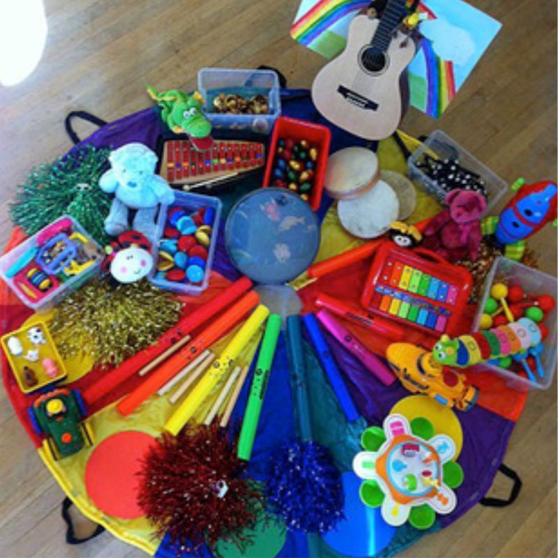 A parachute laid out with musical instruments
