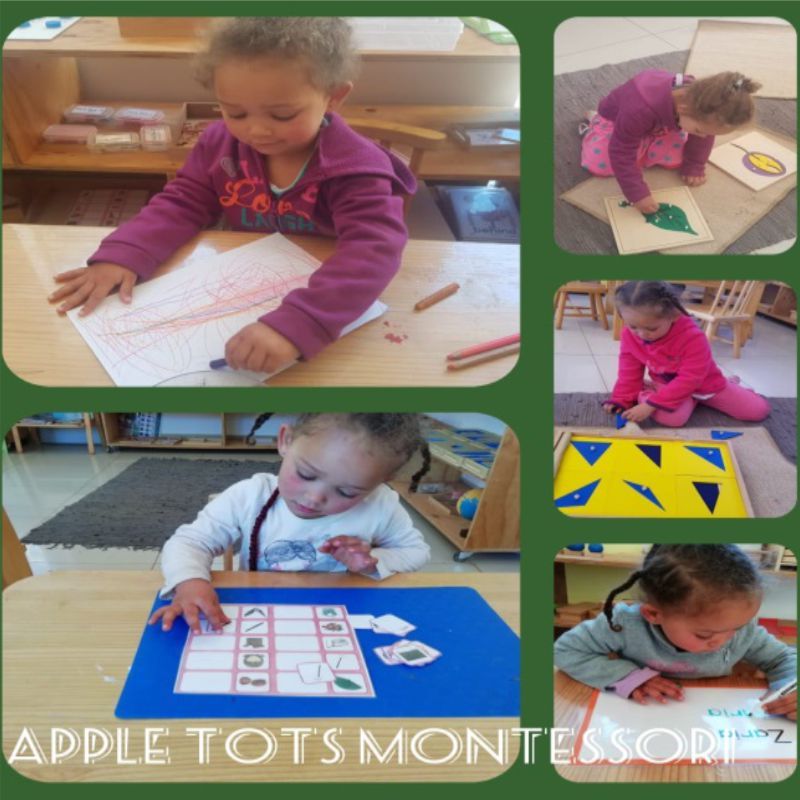 A child drawing, matching picture cards and tracing her name