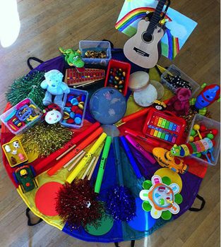 Musical instruments on a colourful mat